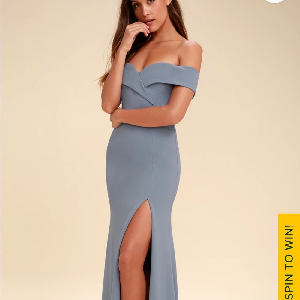 Off the shoulder slate blue evening dress